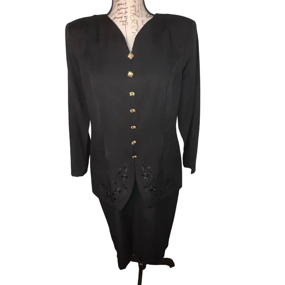 Melissa Petites size Large jacket skirt 1piece set black w/gold accent buttons 